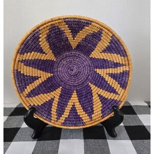 Handmade Woven Grass Basket Bowl Vibrant Design Wall Art Tabletop Purple Tan Art